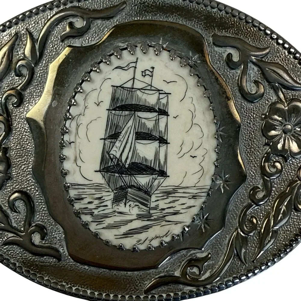 Vintage Sailing Ship Scrimshaw Belt Buckle Silver Metal Bone Floral